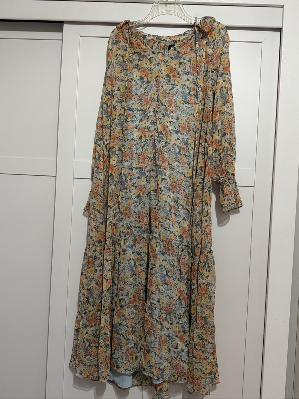 Vici Sheer Floral Maxi Dress in Peach, Blue, Cream
